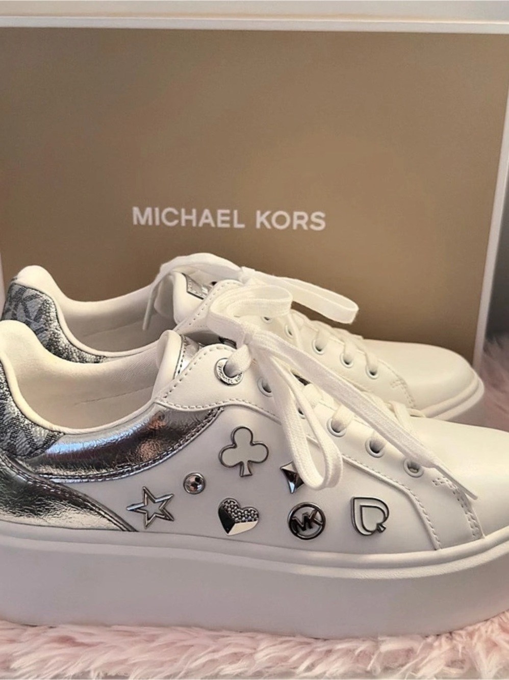 Michael Kors Romey Embellished Mixed-Media Platform Sneaker White & Silver